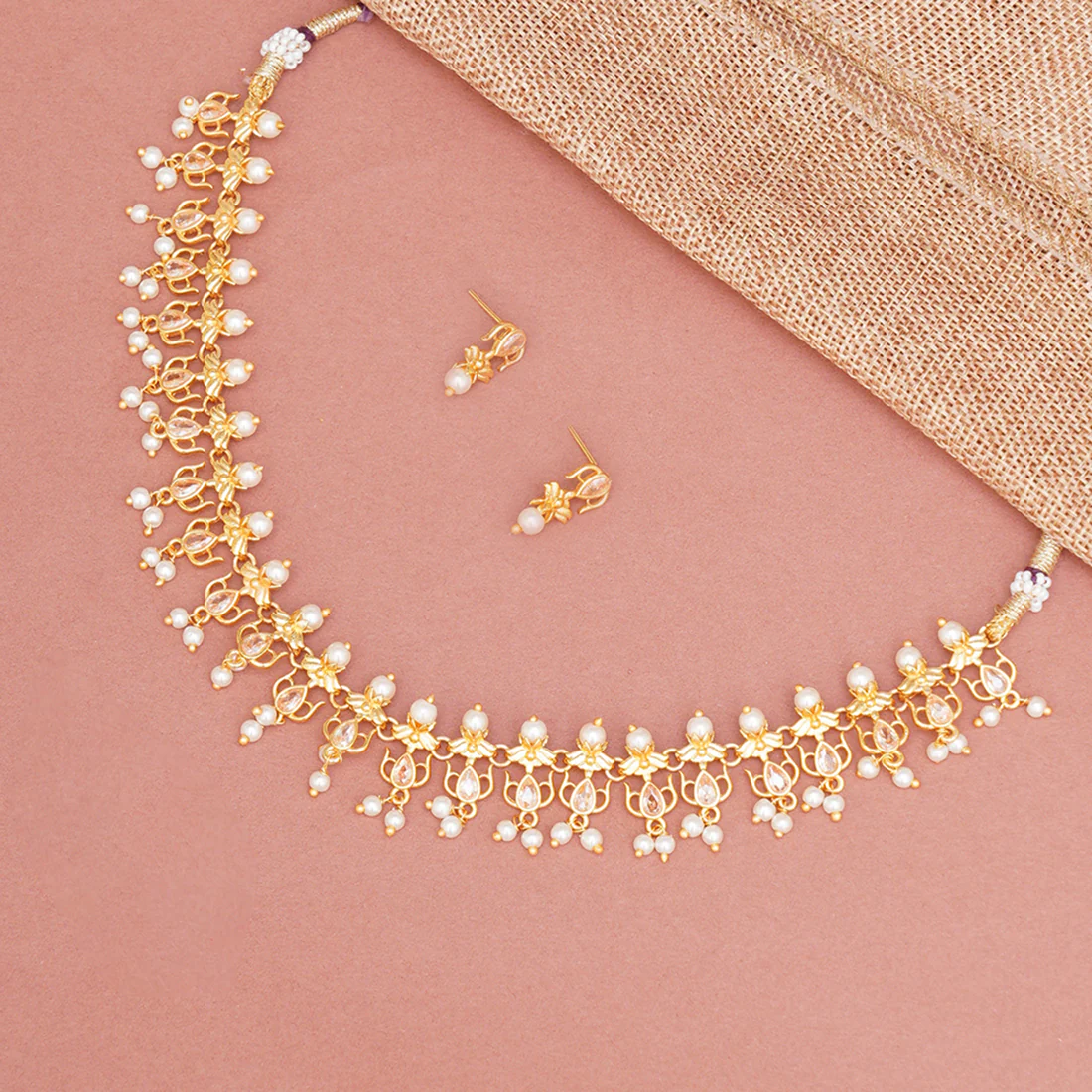 Apsara Antique Inspired Gold Toned Faux Pearls Embellished Brass Jewellery Set