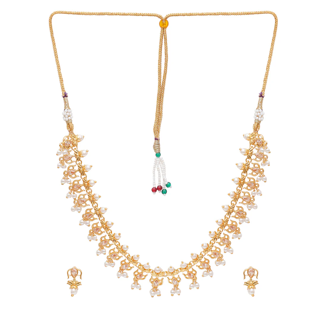 Apsara Antique Inspired Gold Toned Faux Pearls Embellished Brass Jewellery Set - Image 2