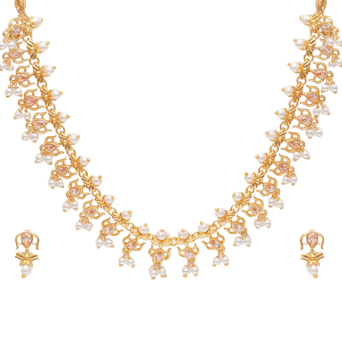 Apsara Antique Inspired Gold Toned Faux Pearls Embellished Brass Jewellery Set - Image 3