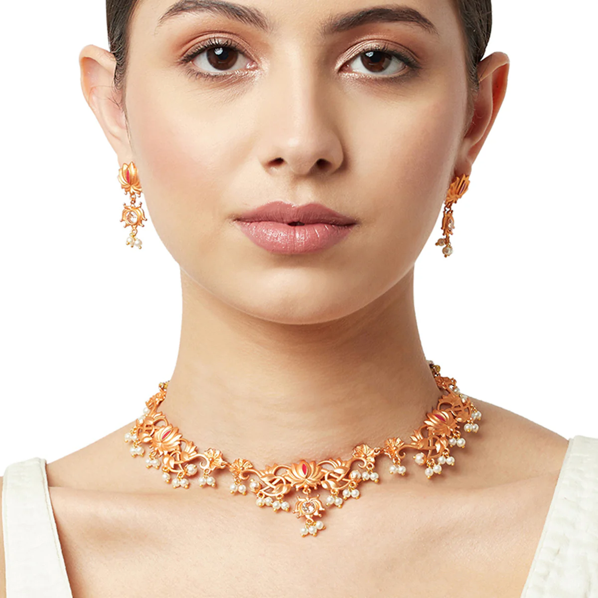 Apsara Antique Inspired Lotus Motifs Brass Rose Gold Plated Jewellery Set - Image 2