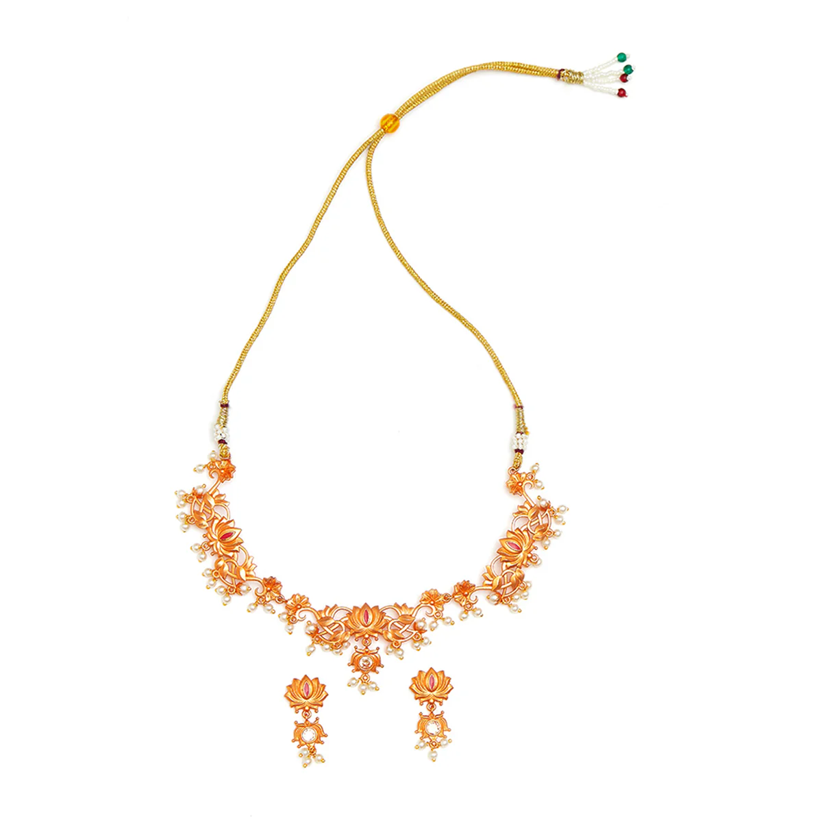 Apsara Antique Inspired Lotus Motifs Brass Rose Gold Plated Jewellery Set - Image 3