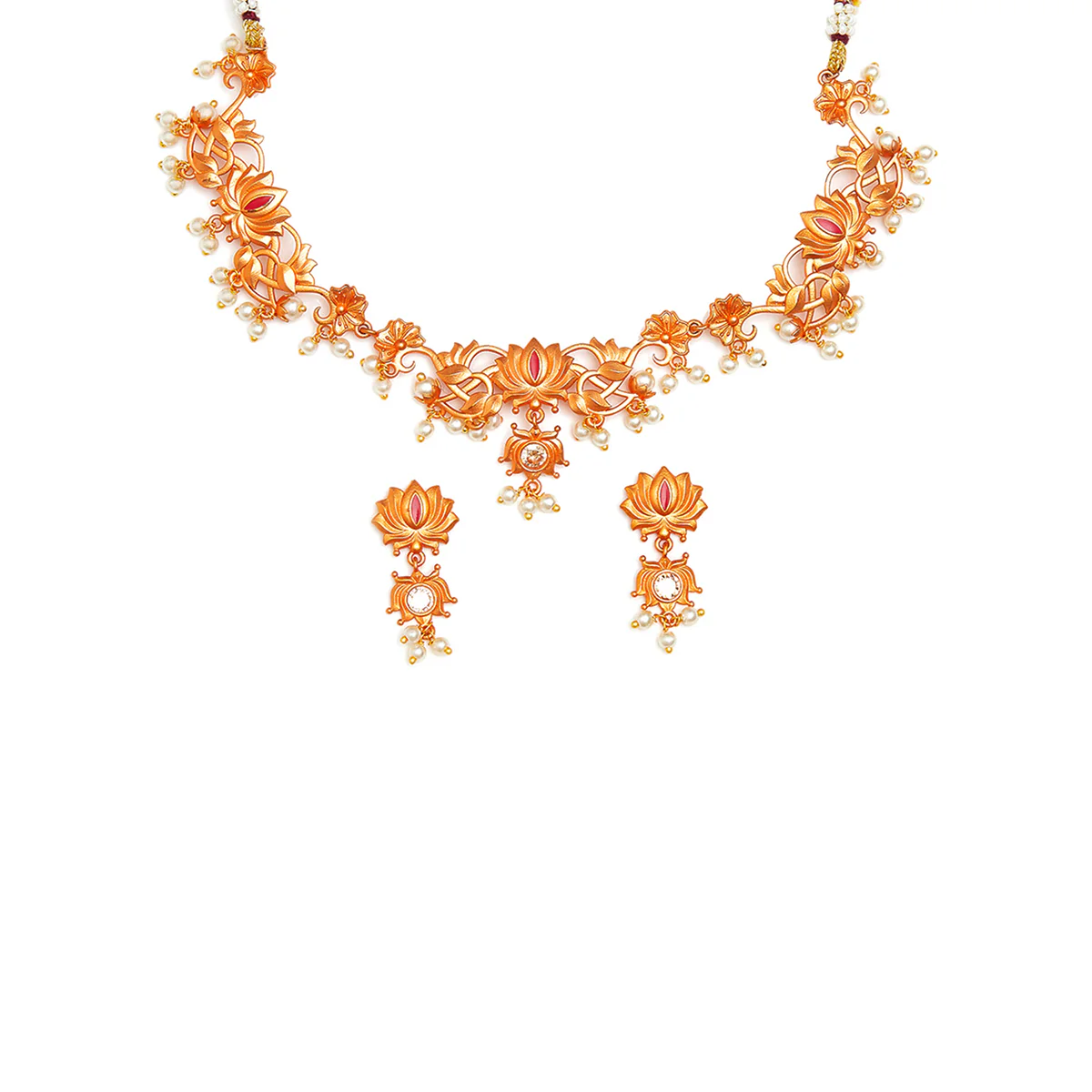 Apsara Antique Inspired Lotus Motifs Brass Rose Gold Plated Jewellery Set - Image 4
