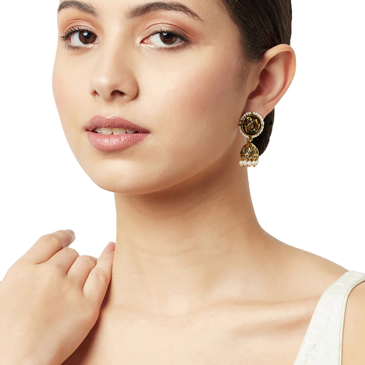 Apsara Antique Inspired Peacock Motif Brass Gold Plated Jhumka Earrings - Image 2