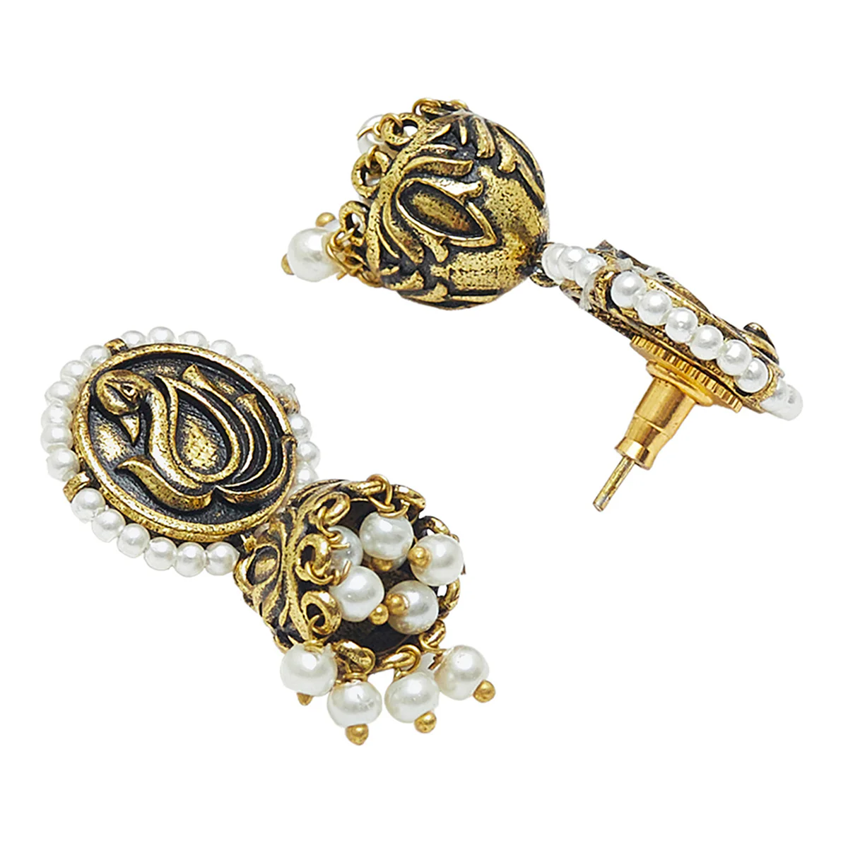 Apsara Antique Inspired Peacock Motif Brass Gold Plated Jhumka Earrings - Image 4