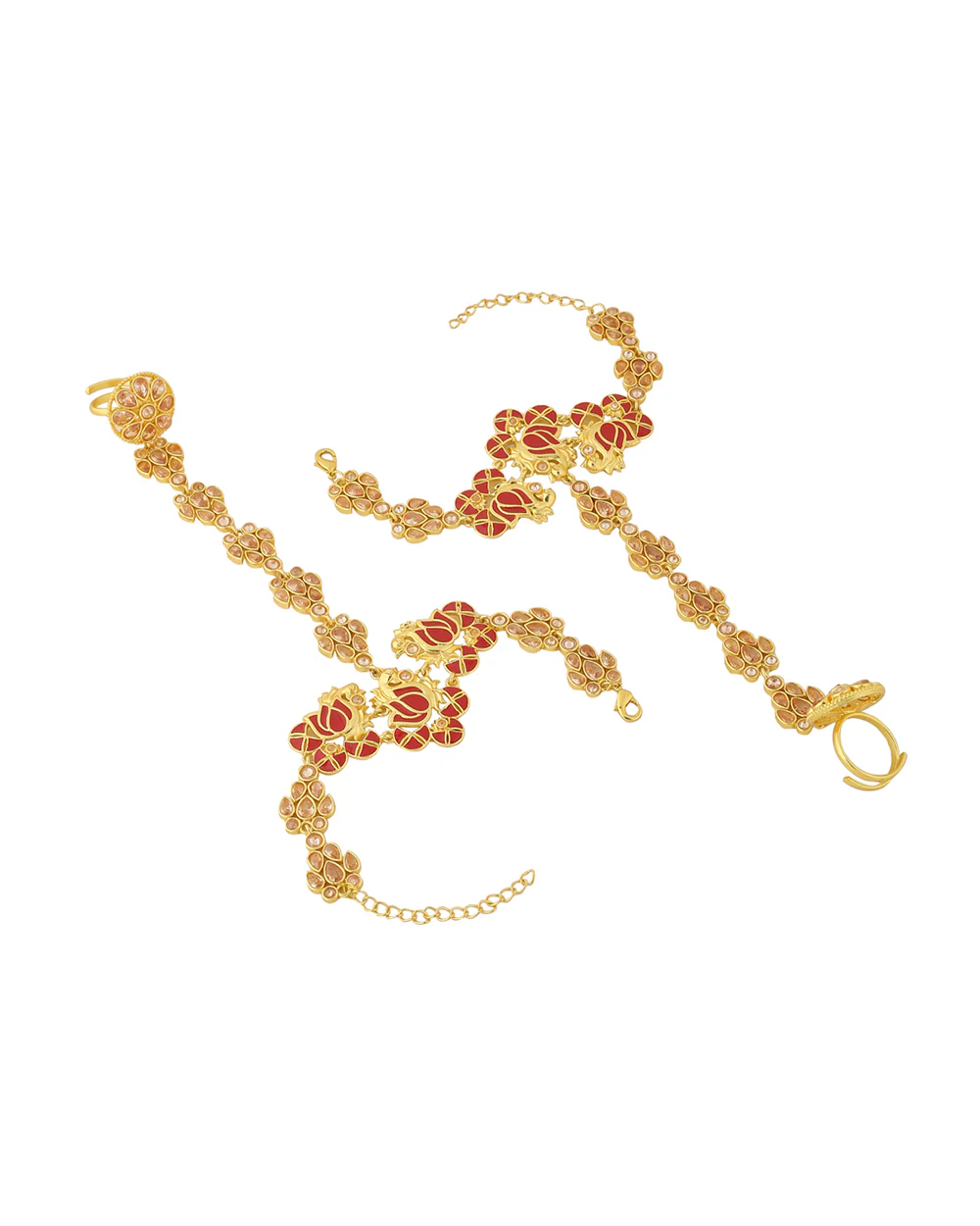 Apsara Gold Toned Lotus Motifs Faux Kundan Brass Haath Phool - Image 4