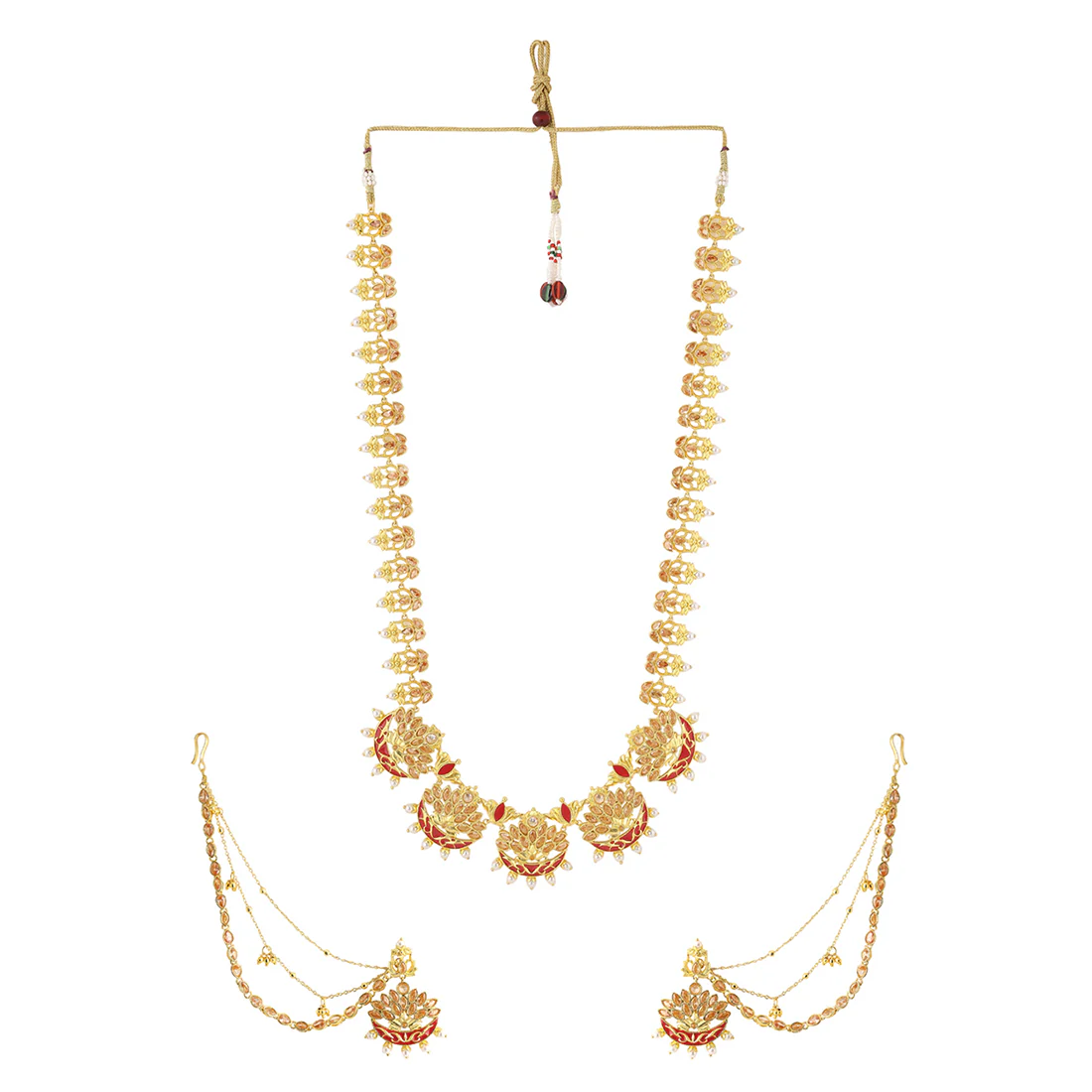 Apsara Bridal Red Enamelled with Pearl Crescent Moon Jewellery Set - Image 3