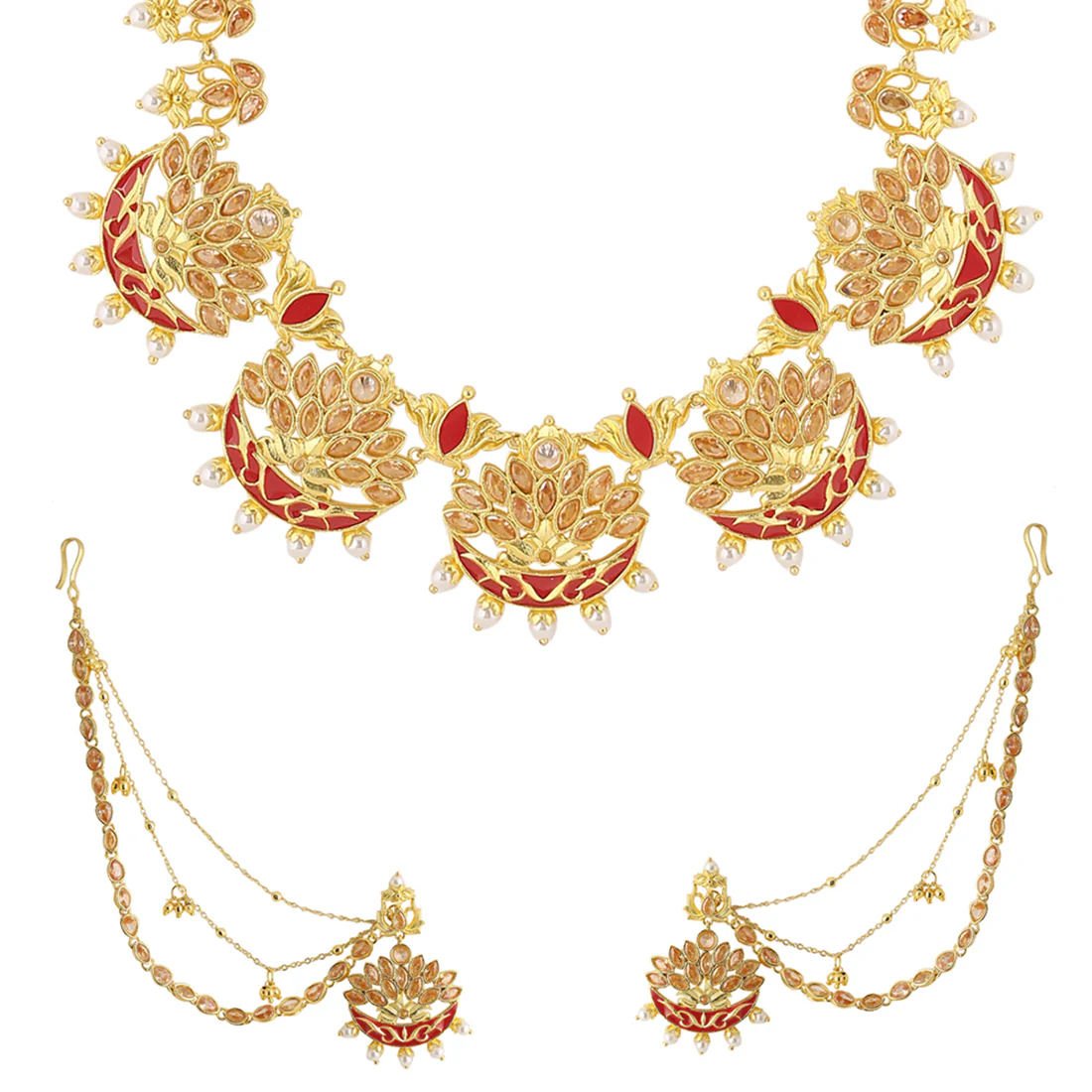 Apsara Bridal Red Enamelled with Pearl Crescent Moon Jewellery Set - Image 4