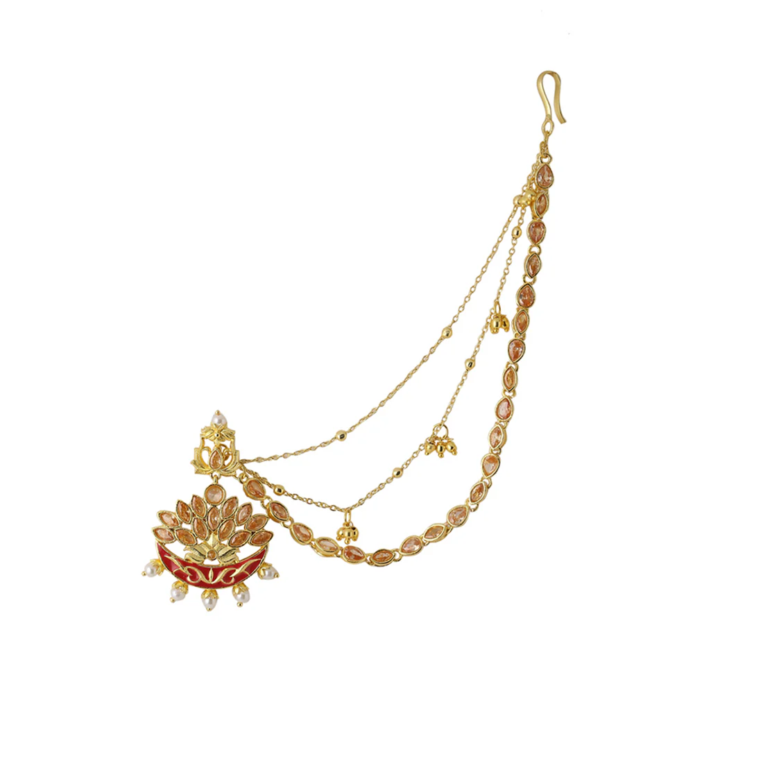 Apsara Bridal Red Enamelled with Pearl Crescent Moon Jewellery Set - Image 5