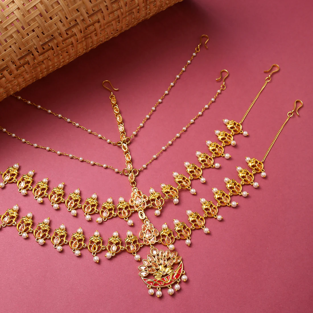 Apsara Bridal Red Enamelled with Pearl Crescent Moon Matha Patti