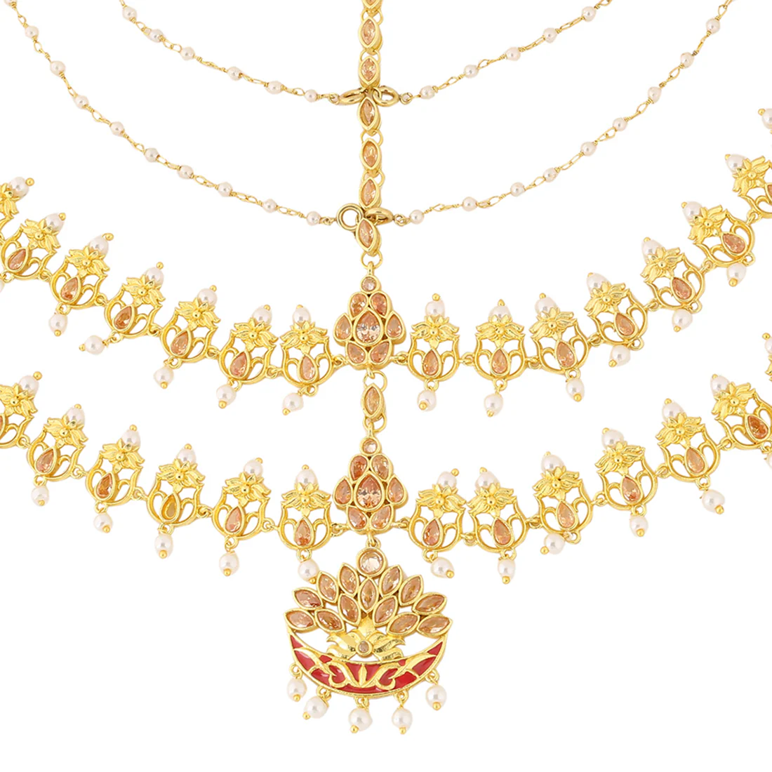 Apsara Bridal Red Enamelled with Pearl Crescent Moon Matha Patti - Image 4