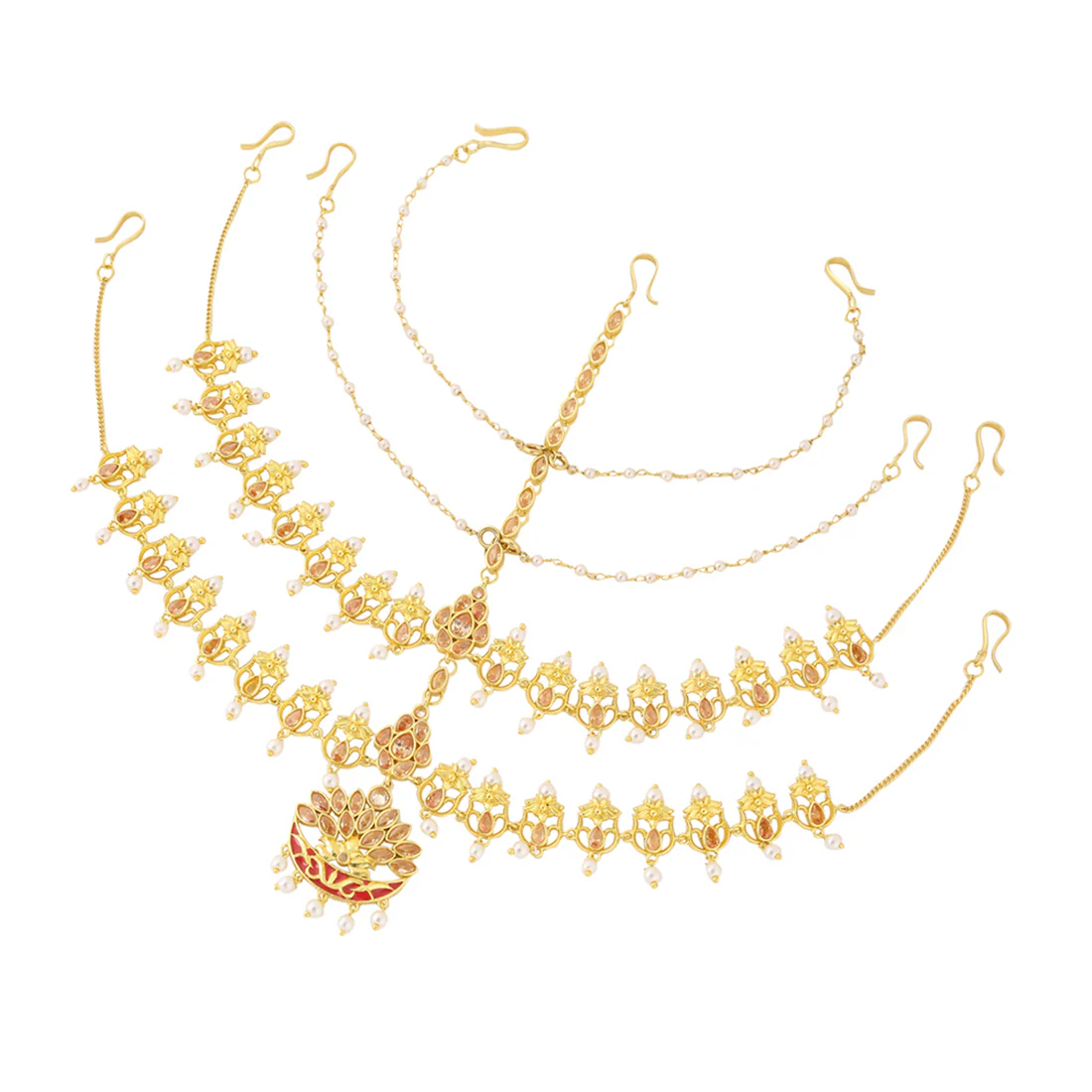 Apsara Bridal Red Enamelled with Pearl Crescent Moon Matha Patti - Image 5