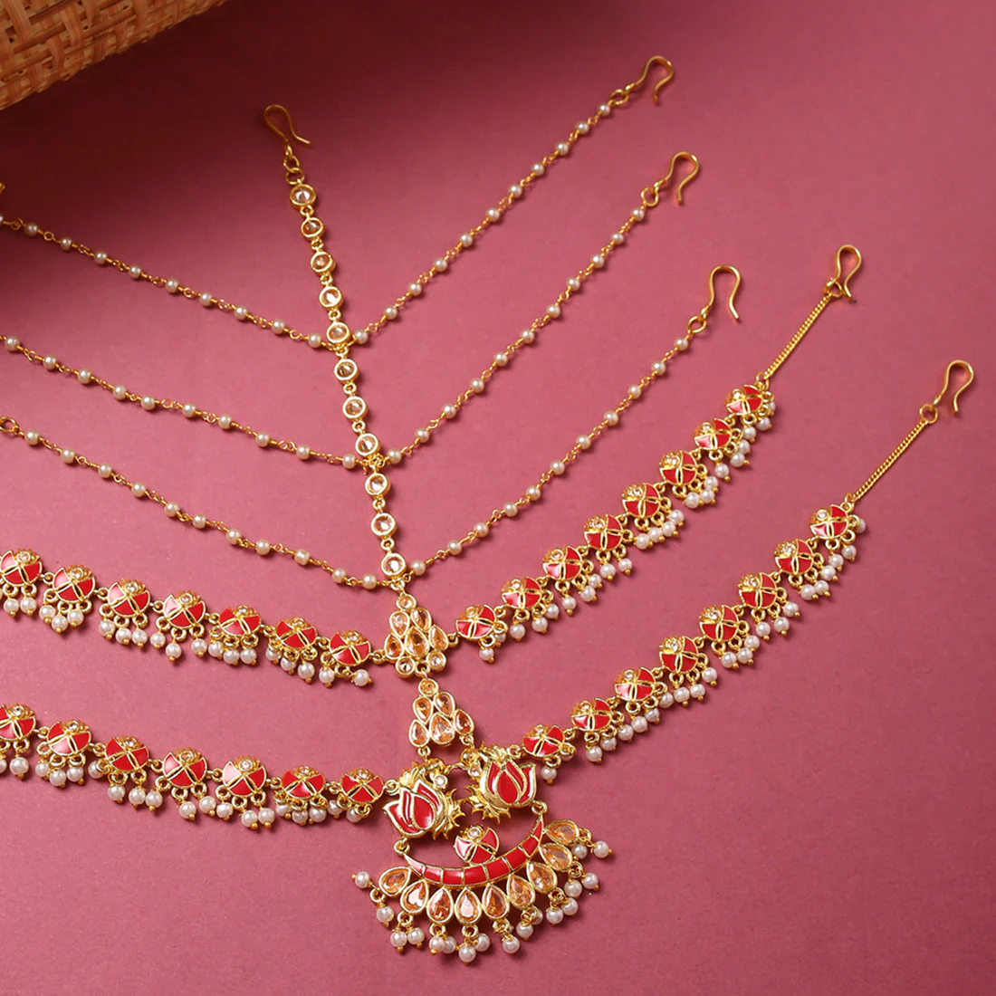 Apsara Bridal Red Enamelled with Pearl Double Layered Golden Matha Patti