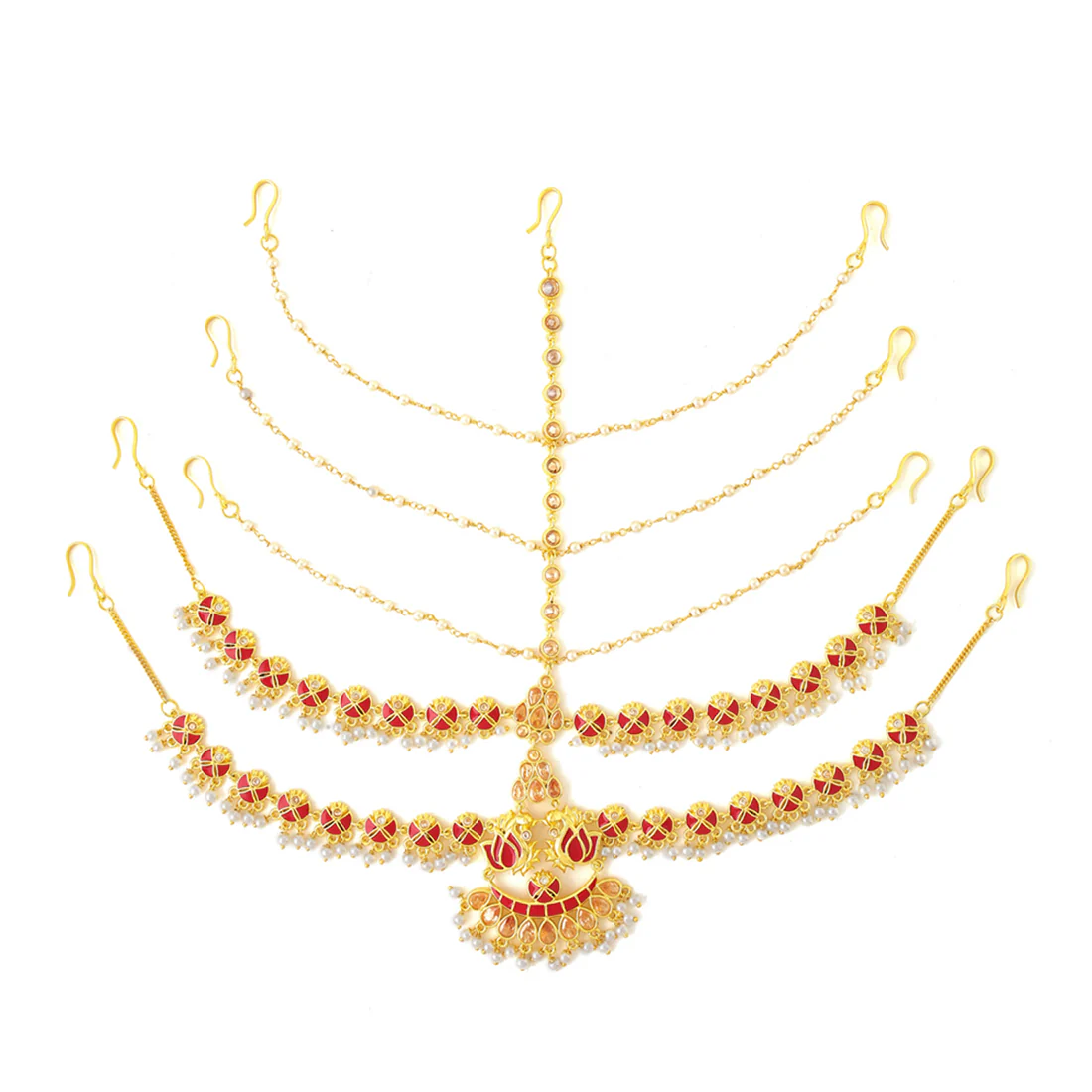 Apsara Bridal Red Enamelled with Pearl Double Layered Golden Matha Patti - Image 3