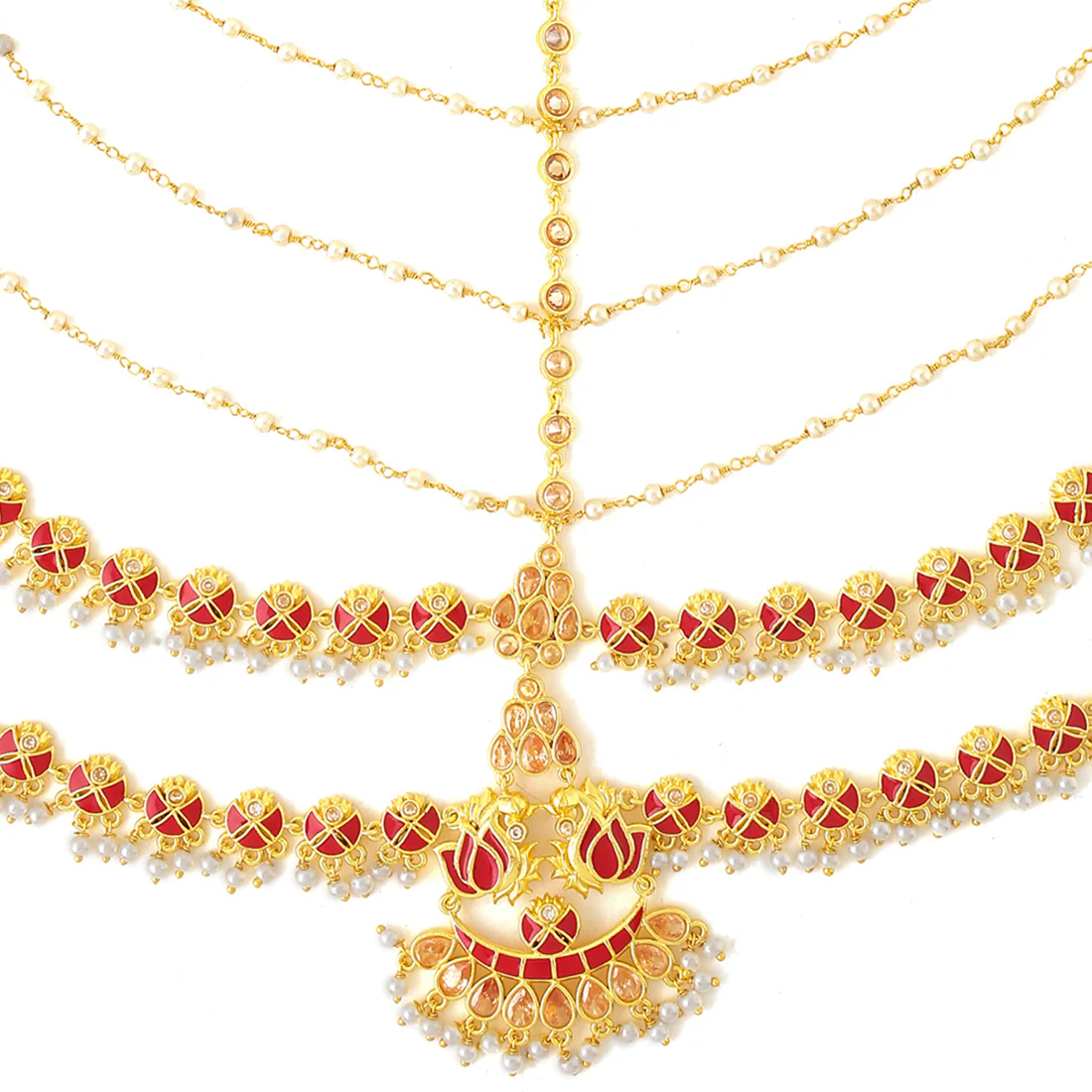 Apsara Bridal Red Enamelled with Pearl Double Layered Golden Matha Patti - Image 4