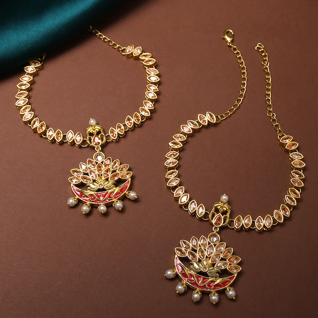 Apsara Bridal Red Enamelled with Pearl Drops Golden Armlets