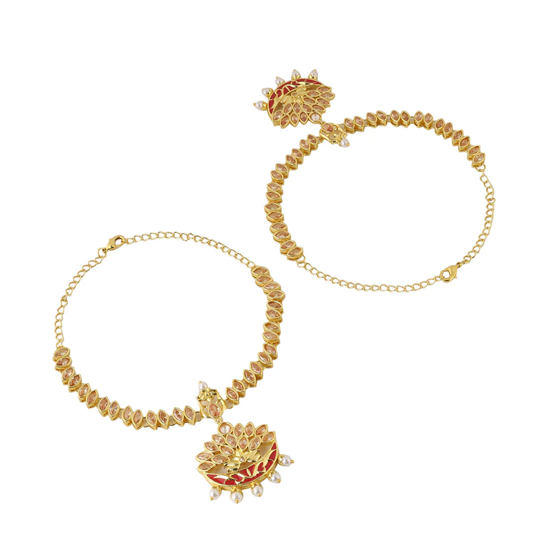 Apsara Bridal Red Enamelled with Pearl Drops Golden Armlets - Image 4