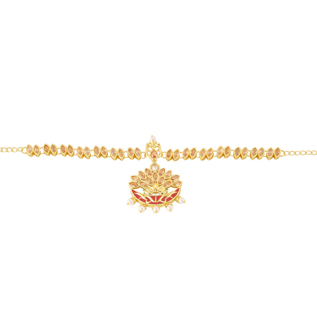 Apsara Bridal Red Enamelled with Pearl Drops Golden Armlets - Image 5