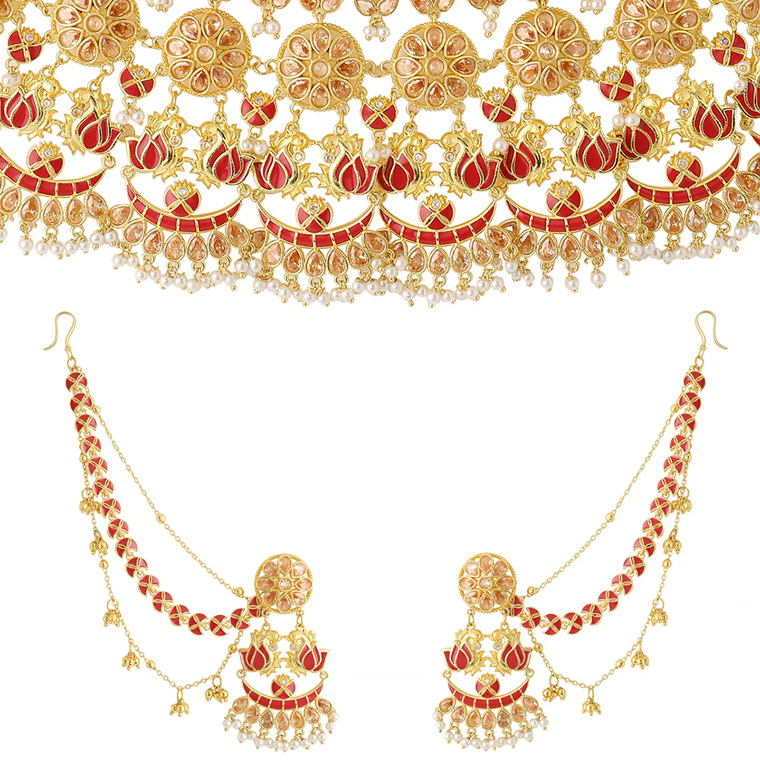 Apsara Bridal Red Enamelled with Pearl Lotus Jewellery Set - Image 3