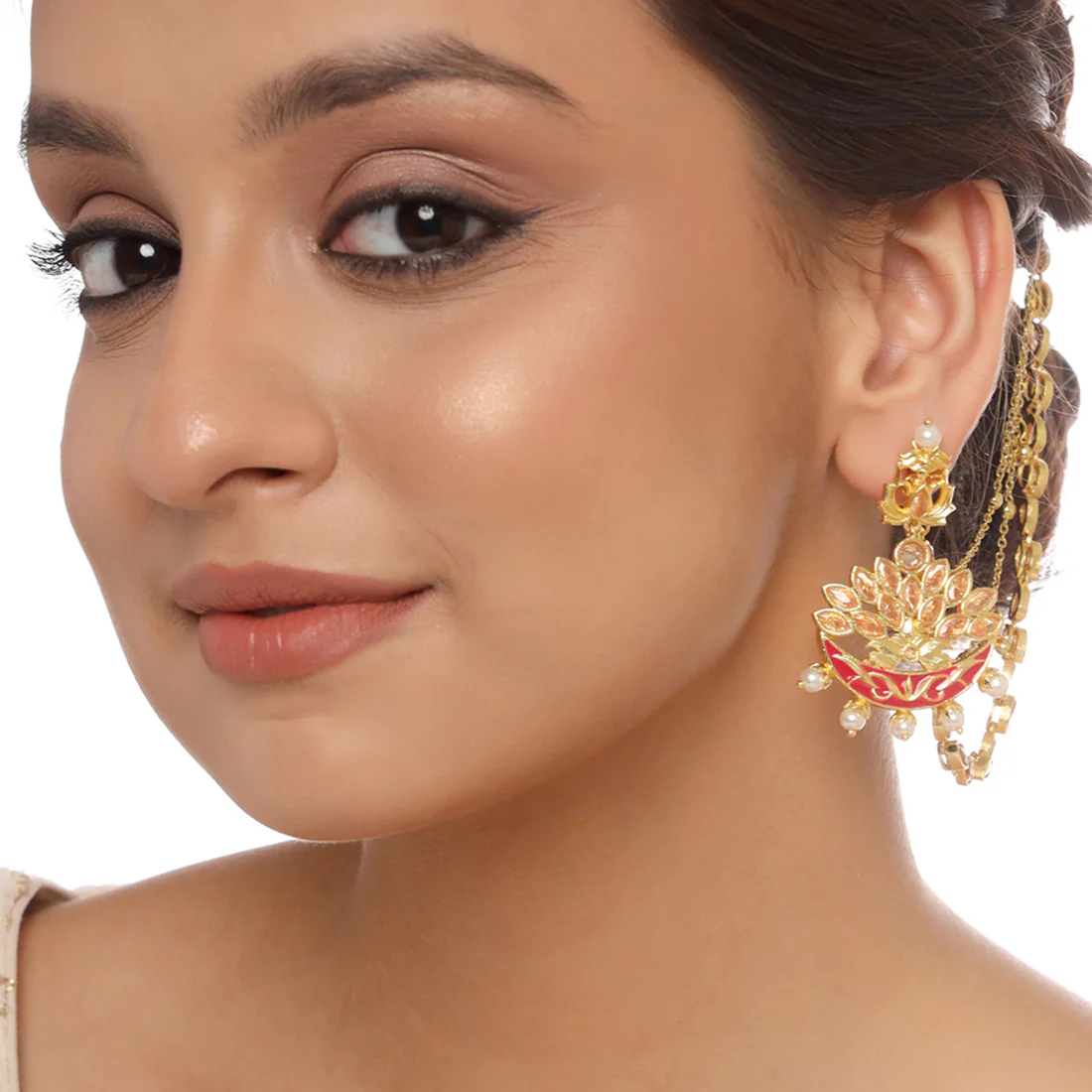 Apsara Enamelled Floral Motif Faux Pearls and Kundan Gold Toned Brass Sahara Earrings - Image 2