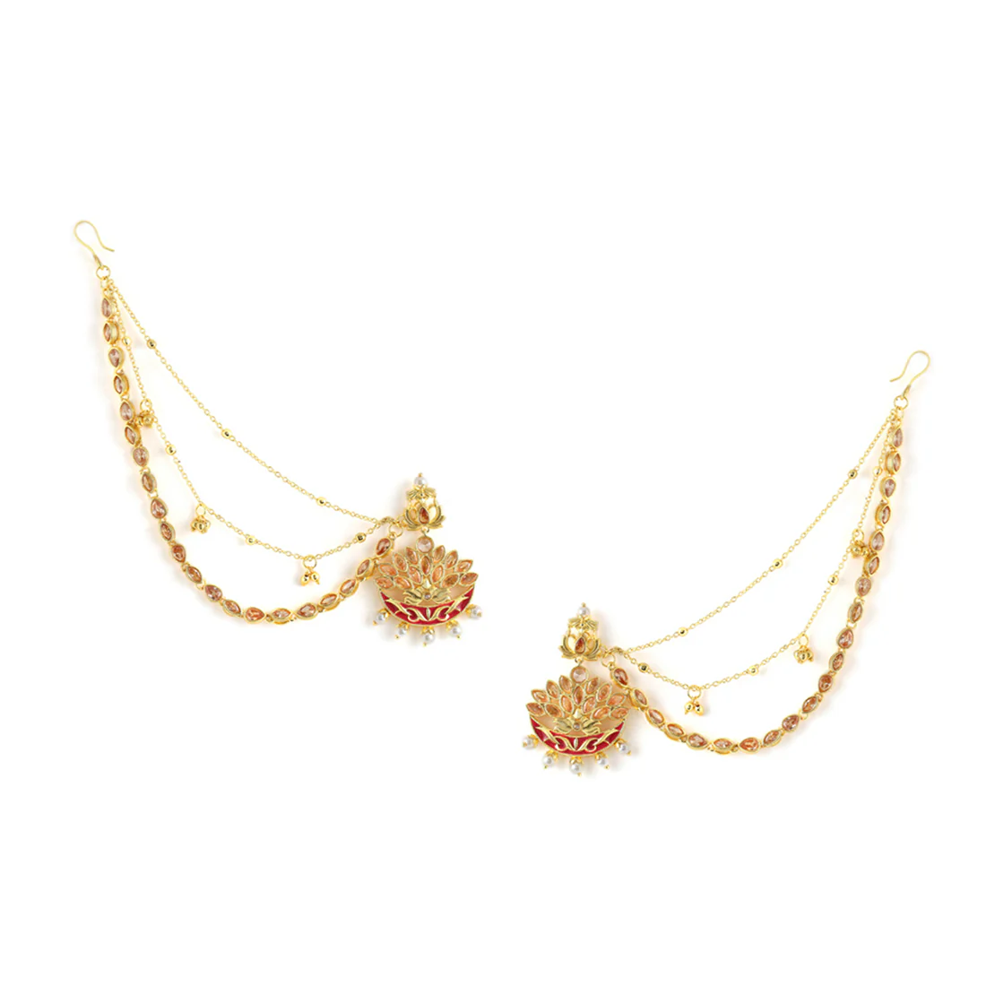 Apsara Enamelled Floral Motif Faux Pearls and Kundan Gold Toned Brass Sahara Earrings - Image 3