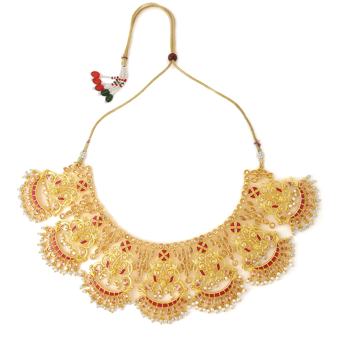 Apsara Bridal Red Enamelled with Pearl Traditional Golden Bridal Set - Image 7