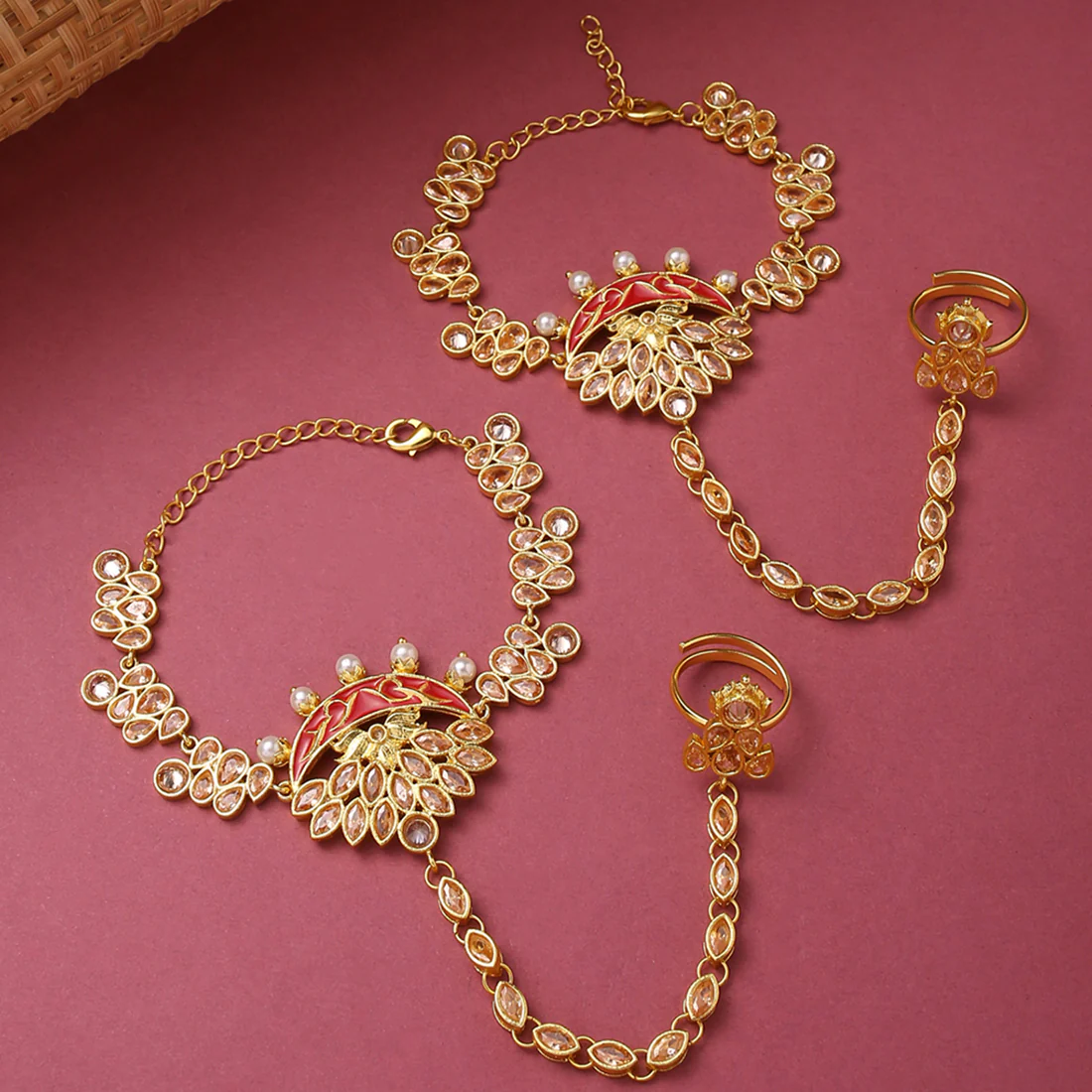 Apsara Floral Motifs Faux Pearls and Kundan Gold Plated Brass Adjustable Haath Phool
