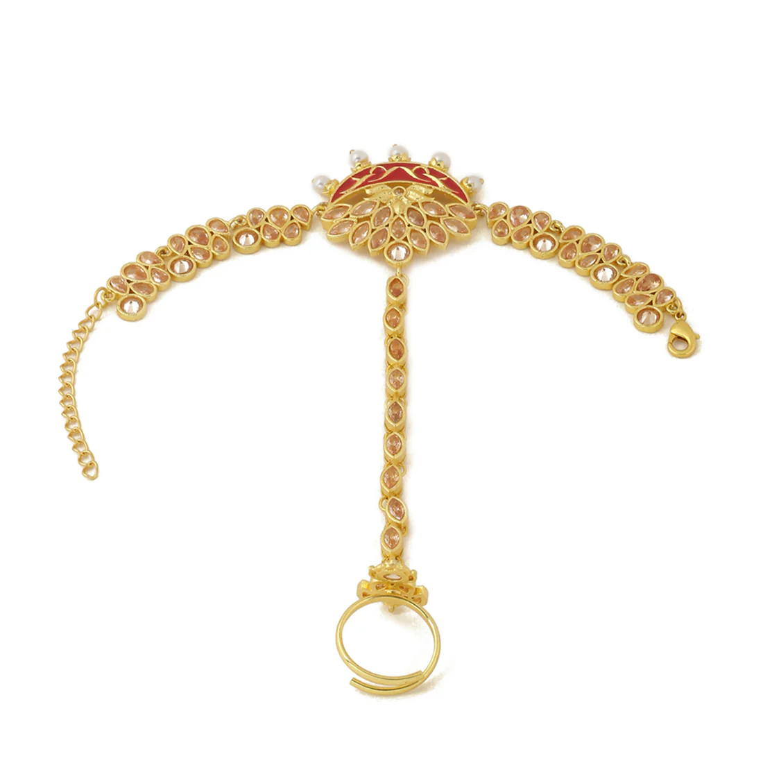 Apsara Floral Motifs Faux Pearls and Kundan Gold Plated Brass Adjustable Haath Phool - Image 4