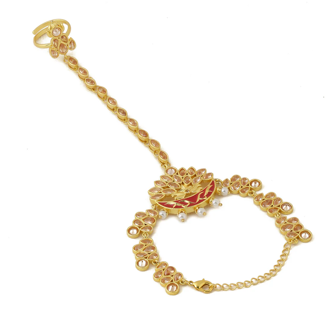 Apsara Floral Motifs Faux Pearls and Kundan Gold Plated Brass Adjustable Haath Phool - Image 5