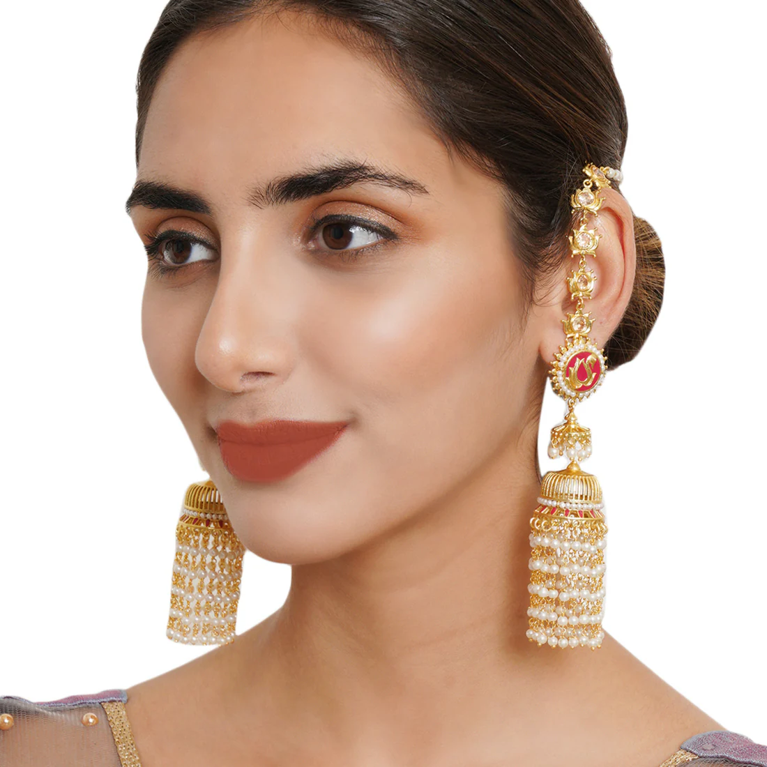 Apsara Cluster Setting Faux Pearls Ethnic Gold Plated Brass Sahara Earrings - Image 2