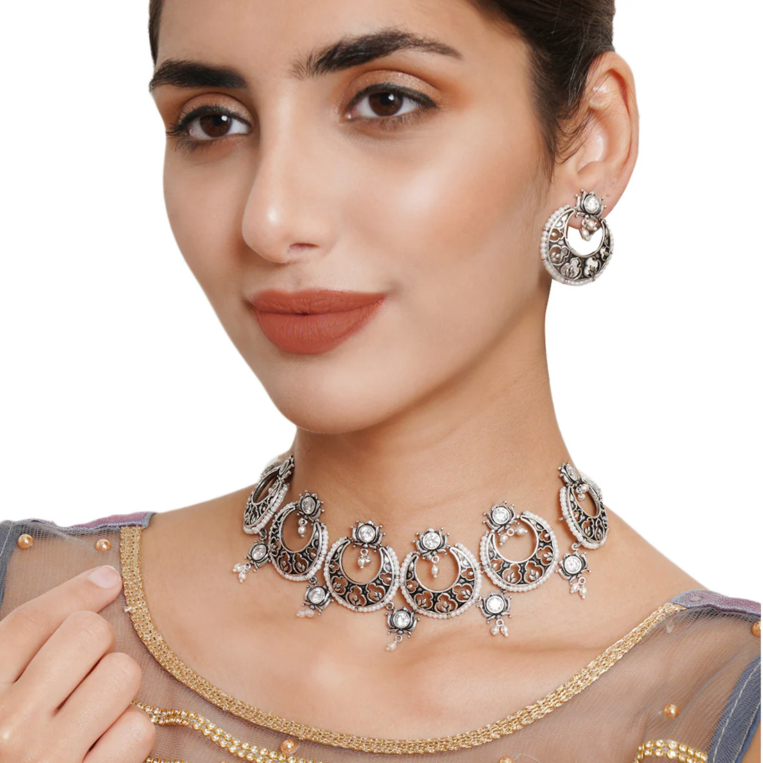 Apsara Cresent Moon Silver Choker Necklace Set - Image 2