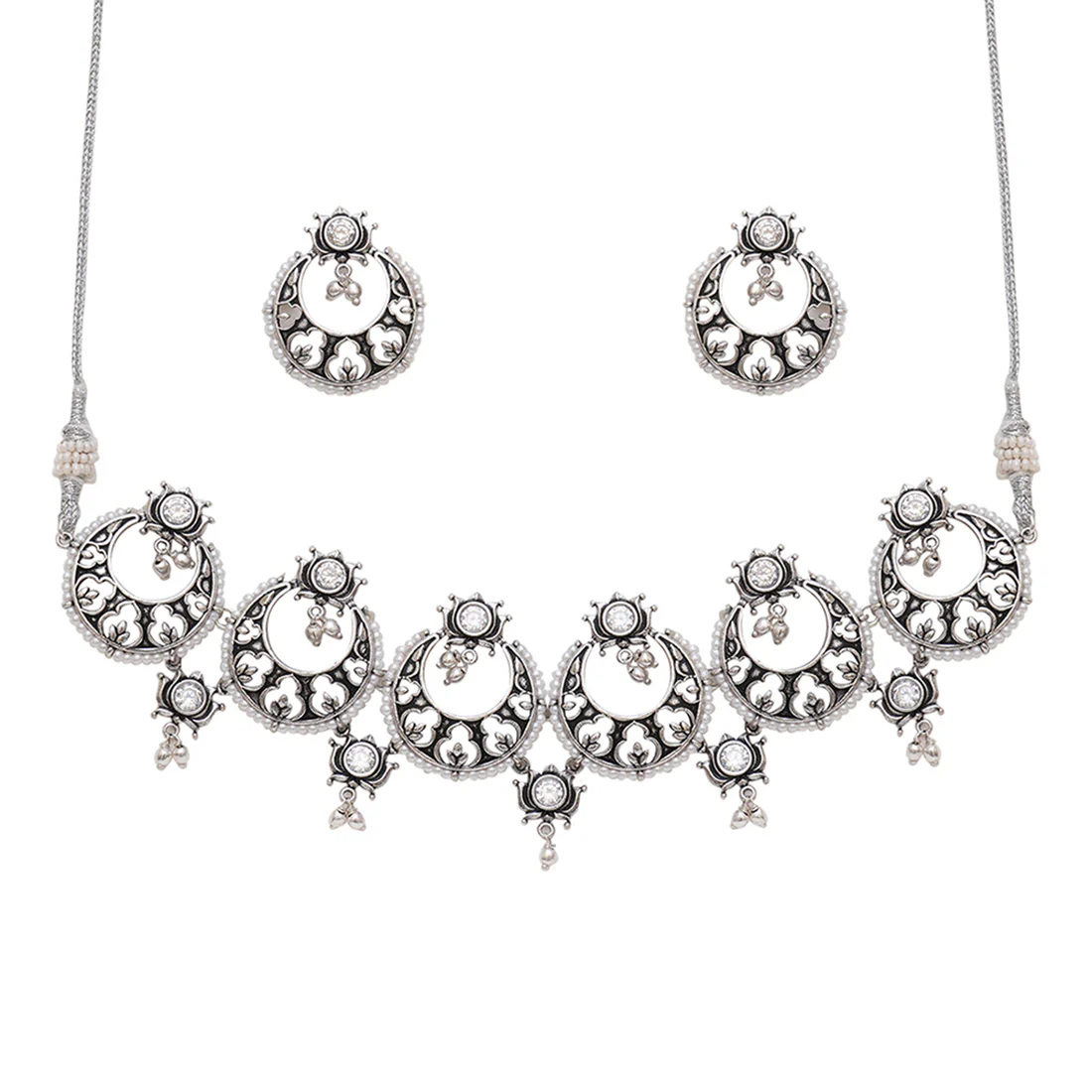 Apsara Cresent Moon Silver Choker Necklace Set - Image 4