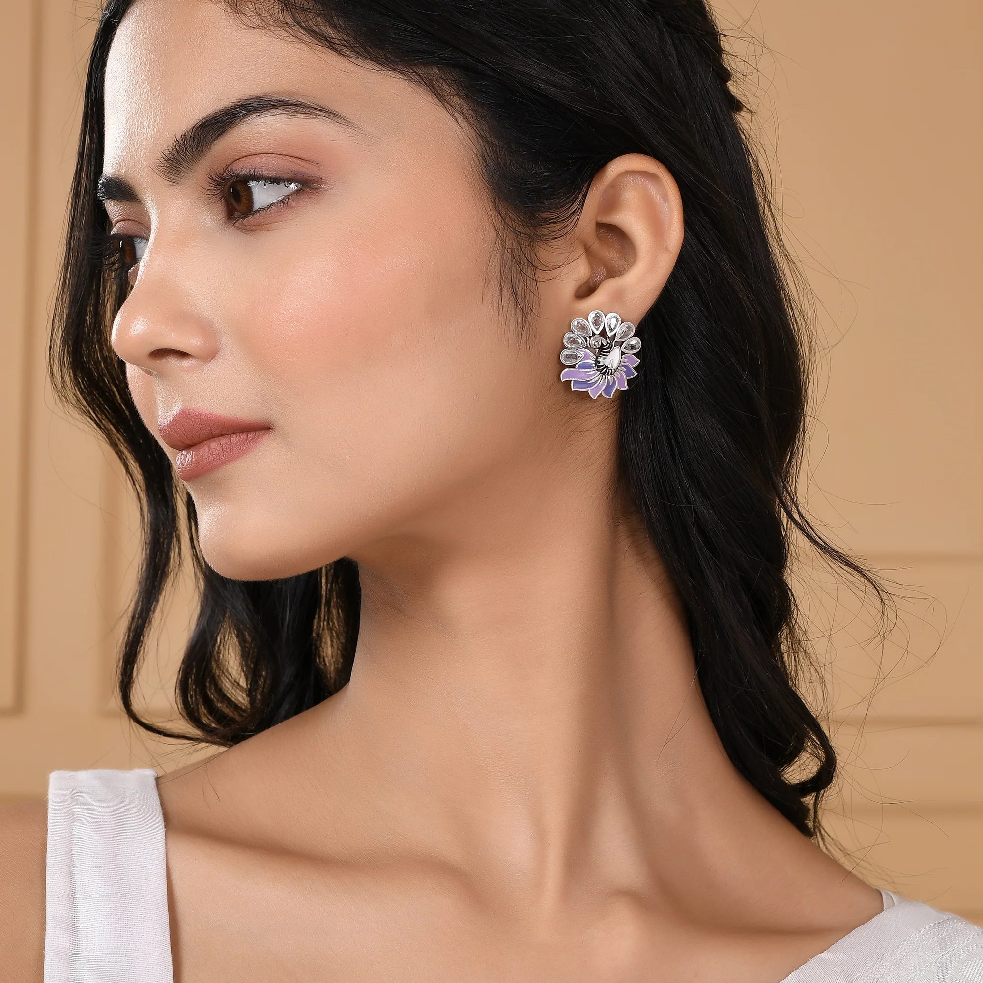 Apsara Enamelled Faux Kundan Silver Plated Stud Earrings - Image 2