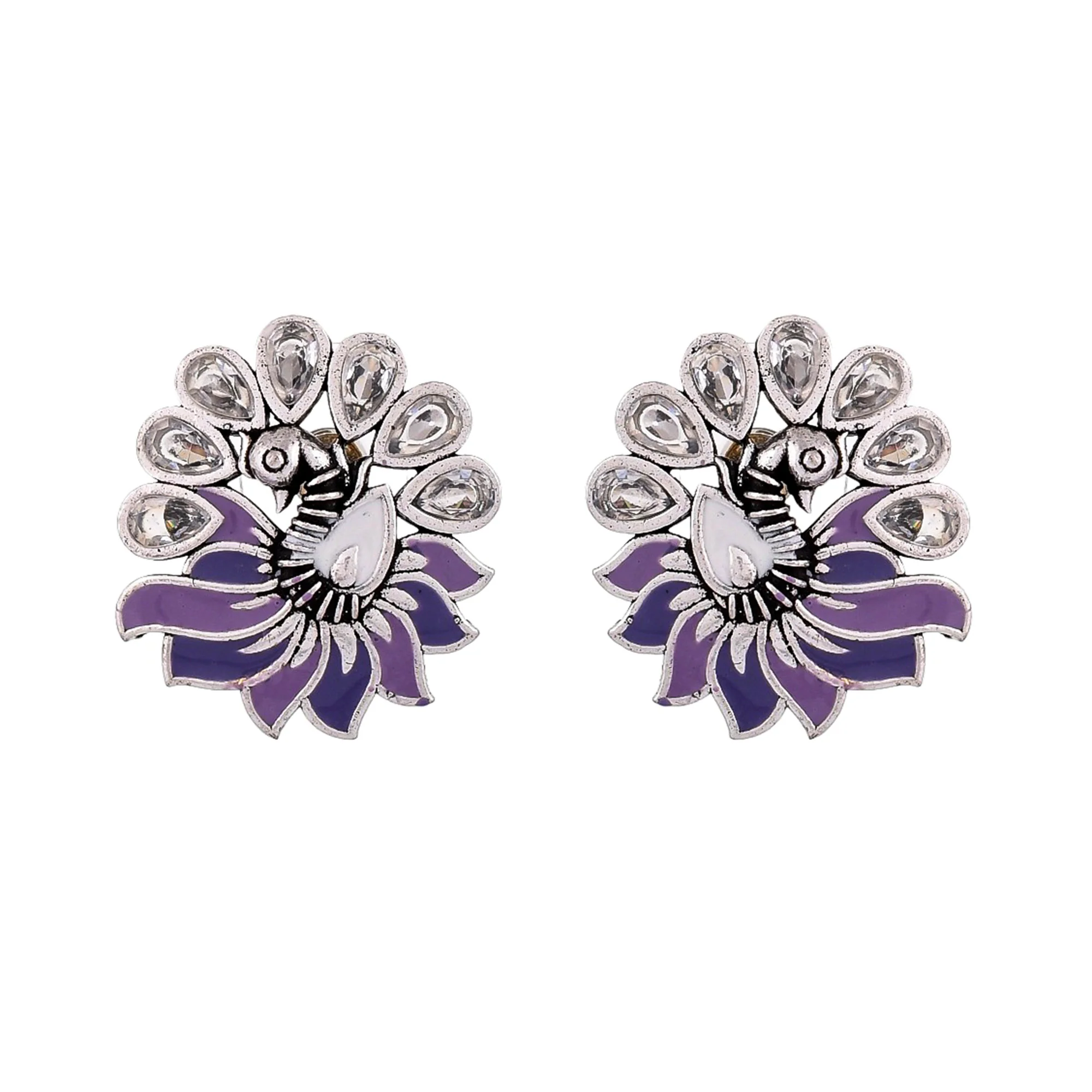 Apsara Enamelled Faux Kundan Silver Plated Stud Earrings - Image 4