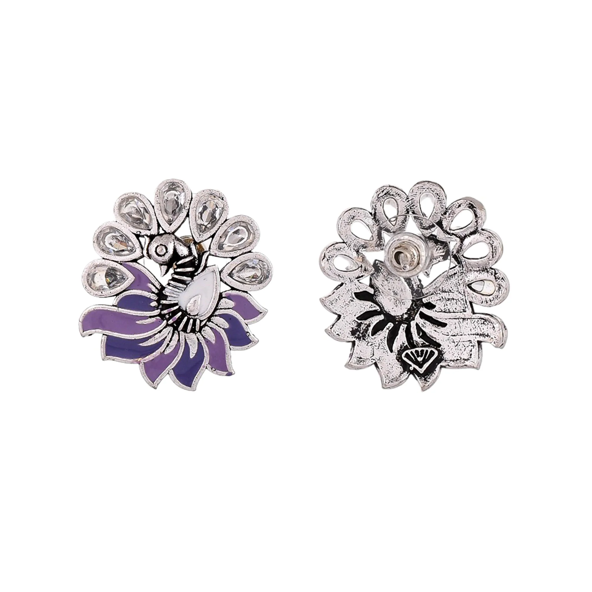 Apsara Enamelled Faux Kundan Silver Plated Stud Earrings - Image 5