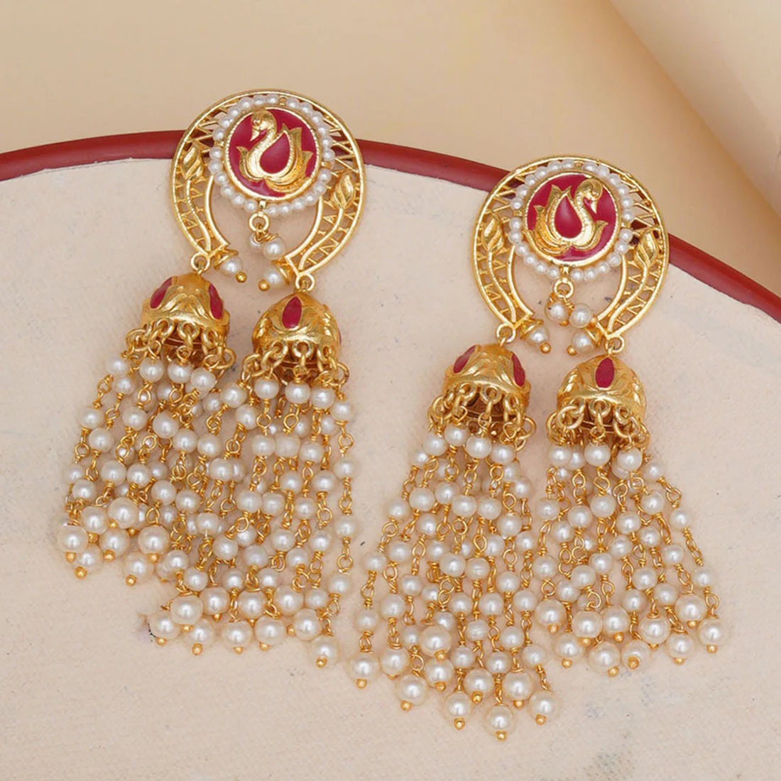 Apsara Enamelled Faux Pearls Adorned Brass Gold Plated Drop Earrings