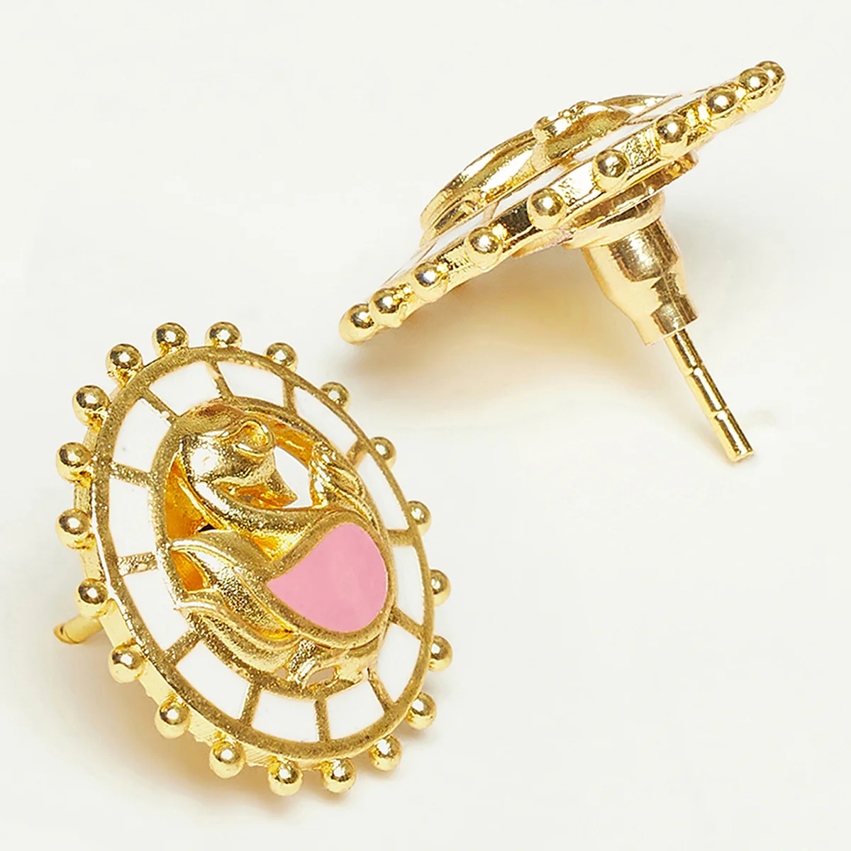 Shwet Kamal Enamelled Peacock Motif Gold Plates Stud Earrings - Image 4