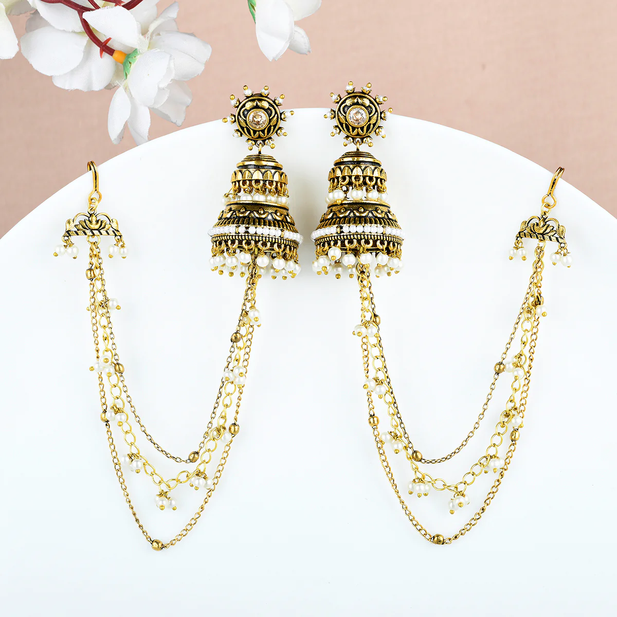 Apsara Ethnic Pearl Beads Chain Earrings