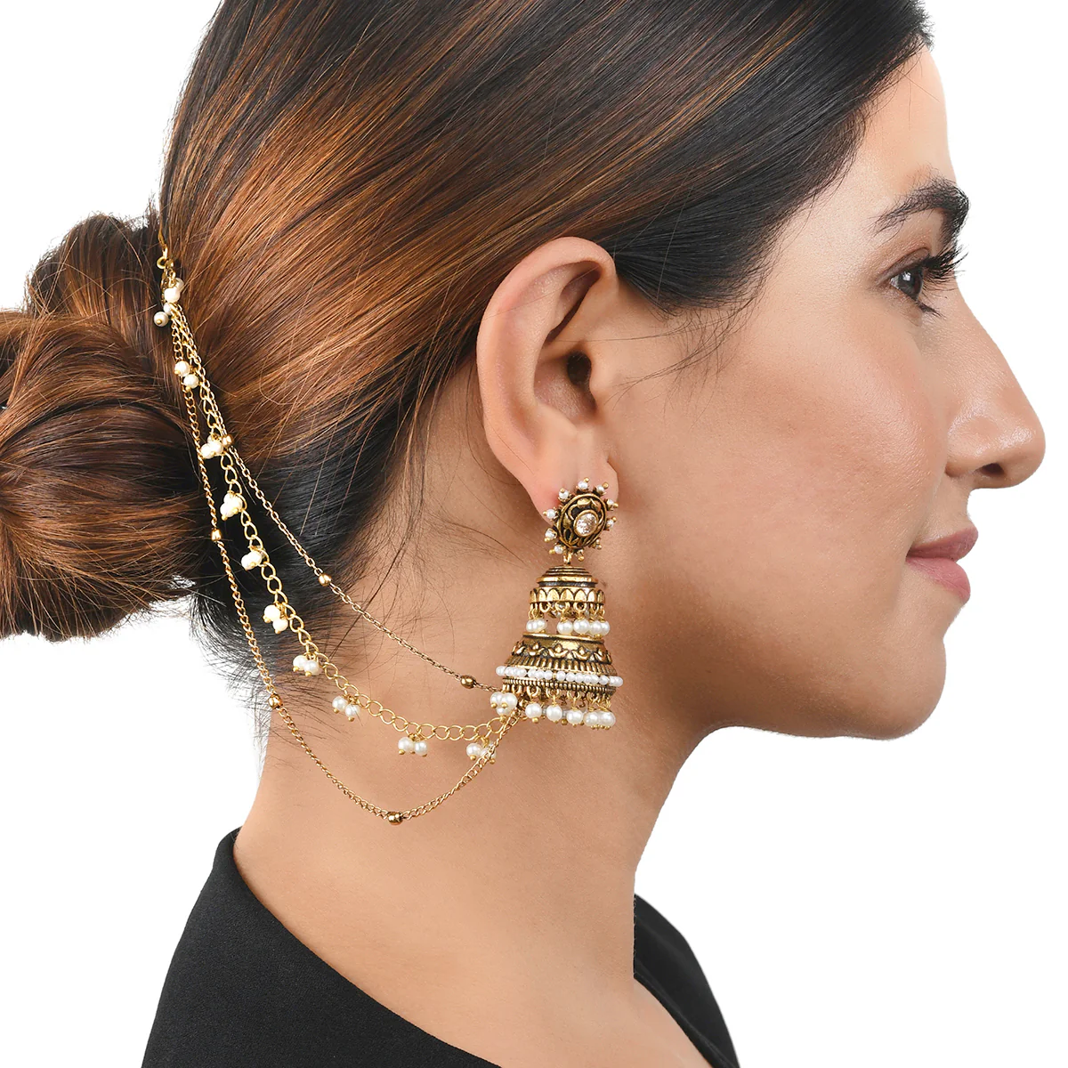 Apsara Ethnic Pearl Beads Chain Earrings - Image 2