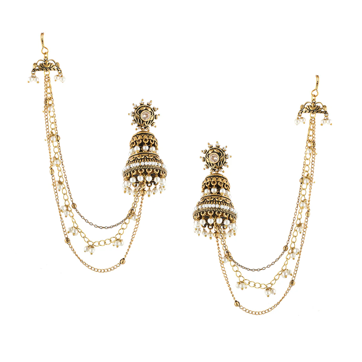 Apsara Ethnic Pearl Beads Chain Earrings - Image 3
