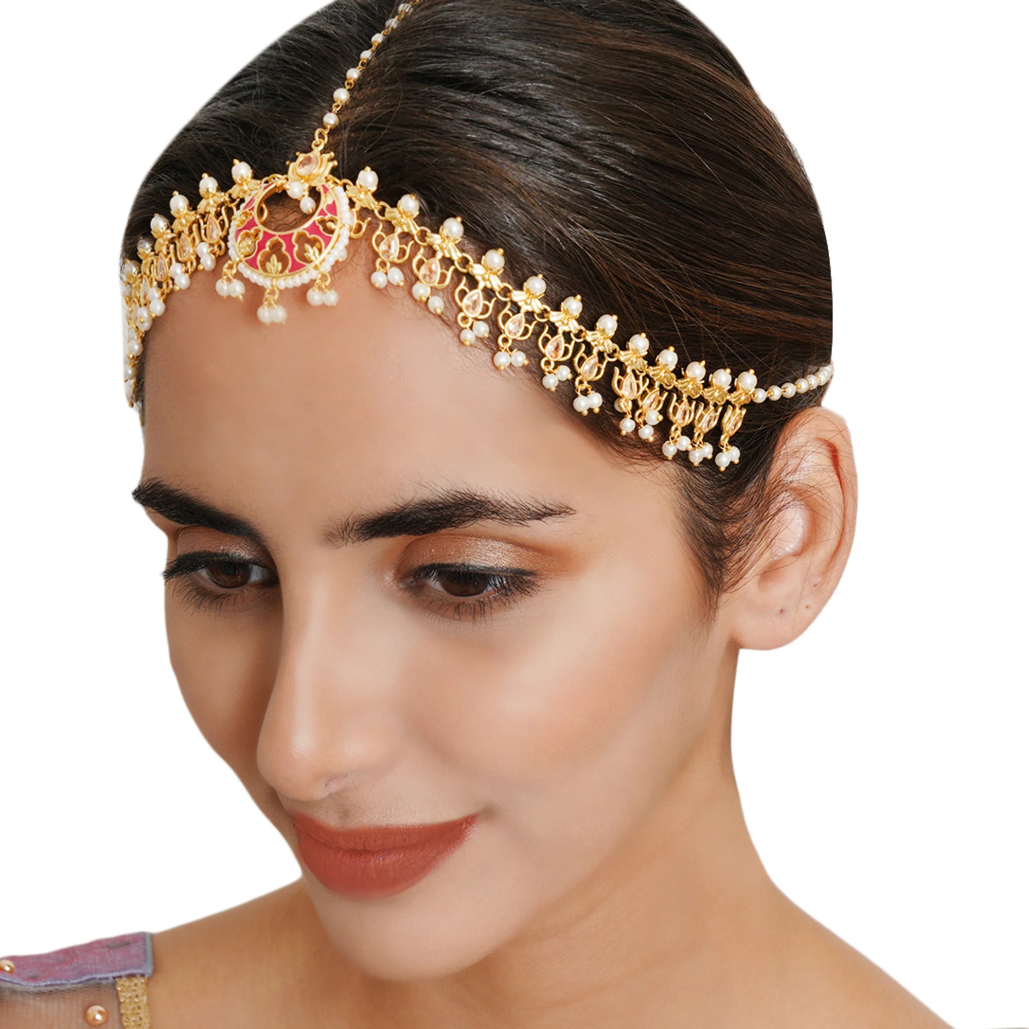 Apsara Faus Pearls and Zircons Adorned Gold Plated Matha Patti Maang Tika - Image 2