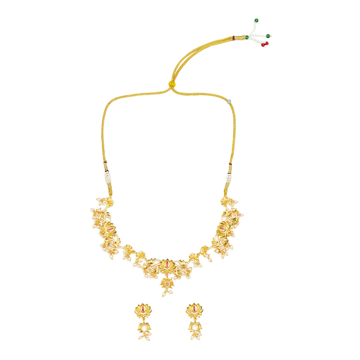 Apsara Faux Pearls Adorned Brass Lotus Motifs Gold Plated Jewellery Set - Image 3