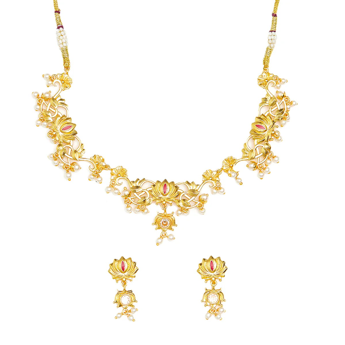 Apsara Faux Pearls Adorned Brass Lotus Motifs Gold Plated Jewellery Set - Image 4