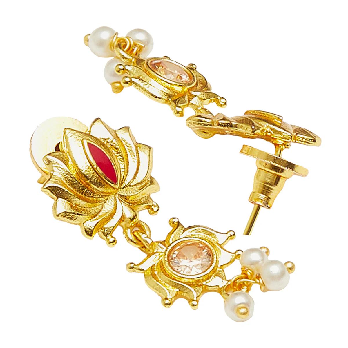 Apsara Faux Pearls Adorned Brass Lotus Motifs Gold Plated Jewellery Set - Image 5