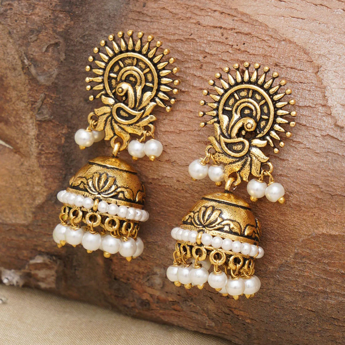 Apsara Faux Pearls Adorned Gold Plated Brass Jhumka Earrings