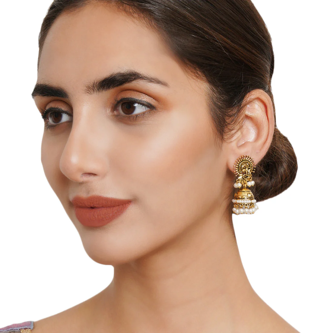 Apsara Faux Pearls Adorned Gold Plated Brass Jhumka Earrings - Image 2