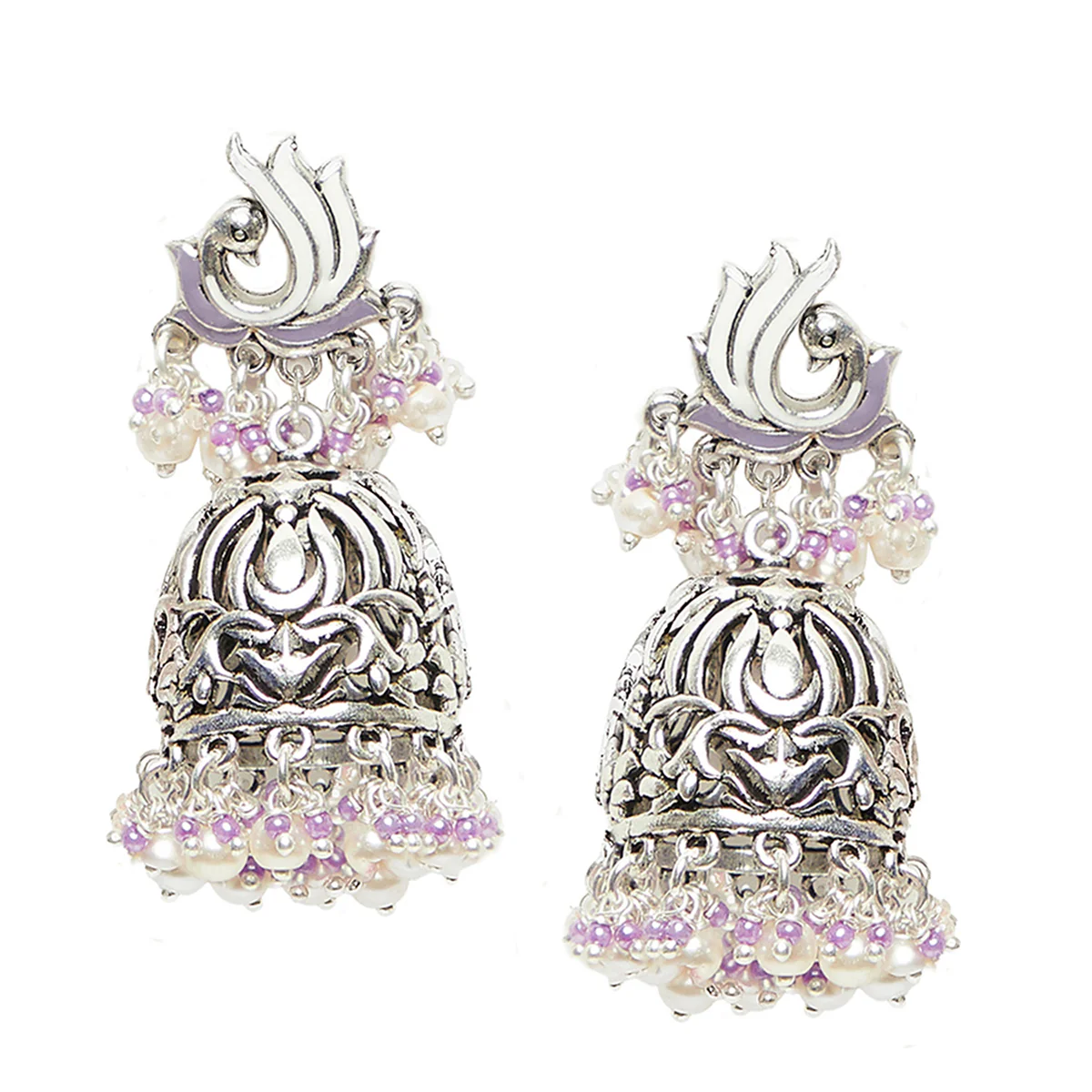 Shwet Kamal Faux Pearls Adorned Peacock Motif Silver Plated Jhumka Earrings - Image 3