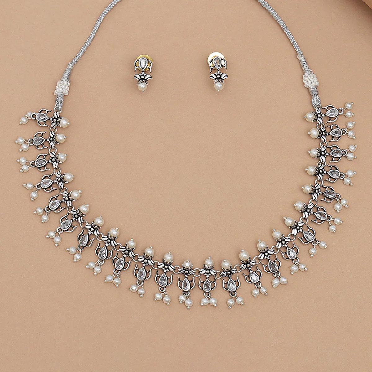 Apsara Faux Pearls Adorned Silver Plated Brass Jewellery Set