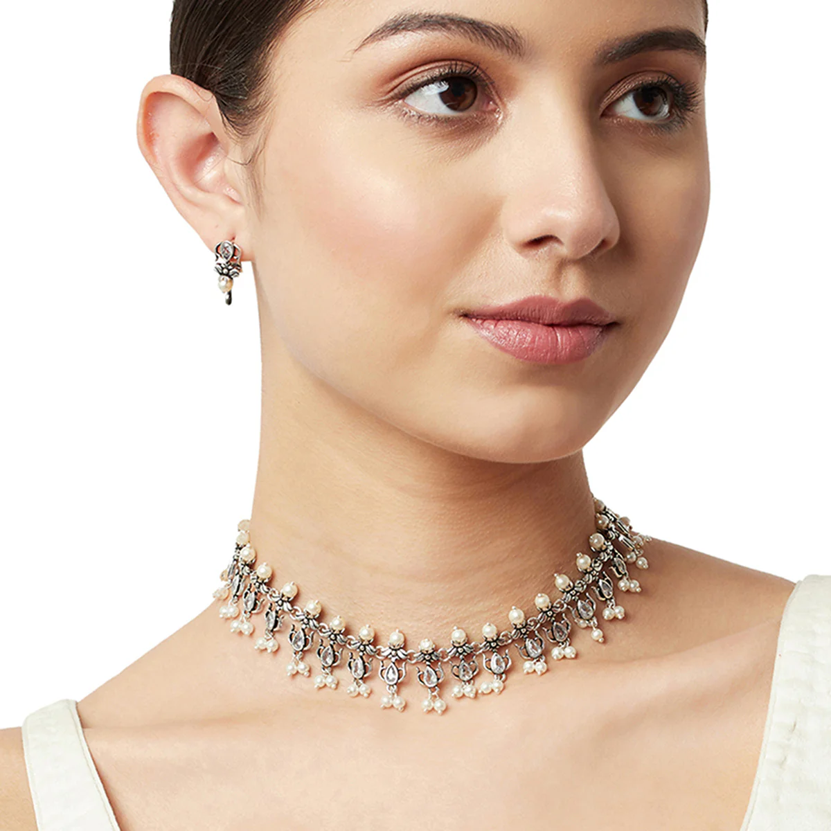 Apsara Faux Pearls Adorned Silver Plated Brass Jewellery Set - Image 2
