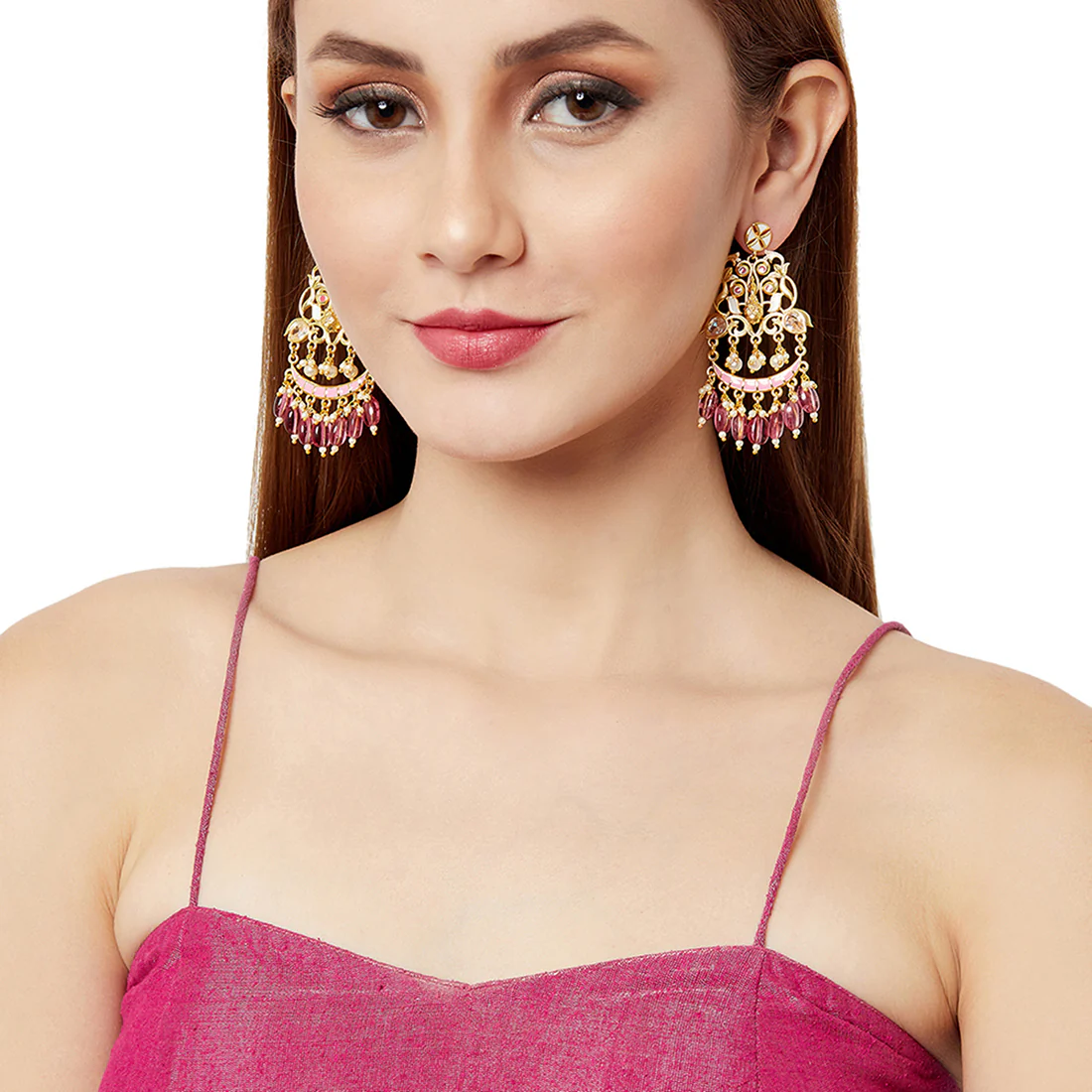 Shwet Kamal Faux Pearls and Kundan Adorned Filigree Gold Plated Drop Earrings - Image 2