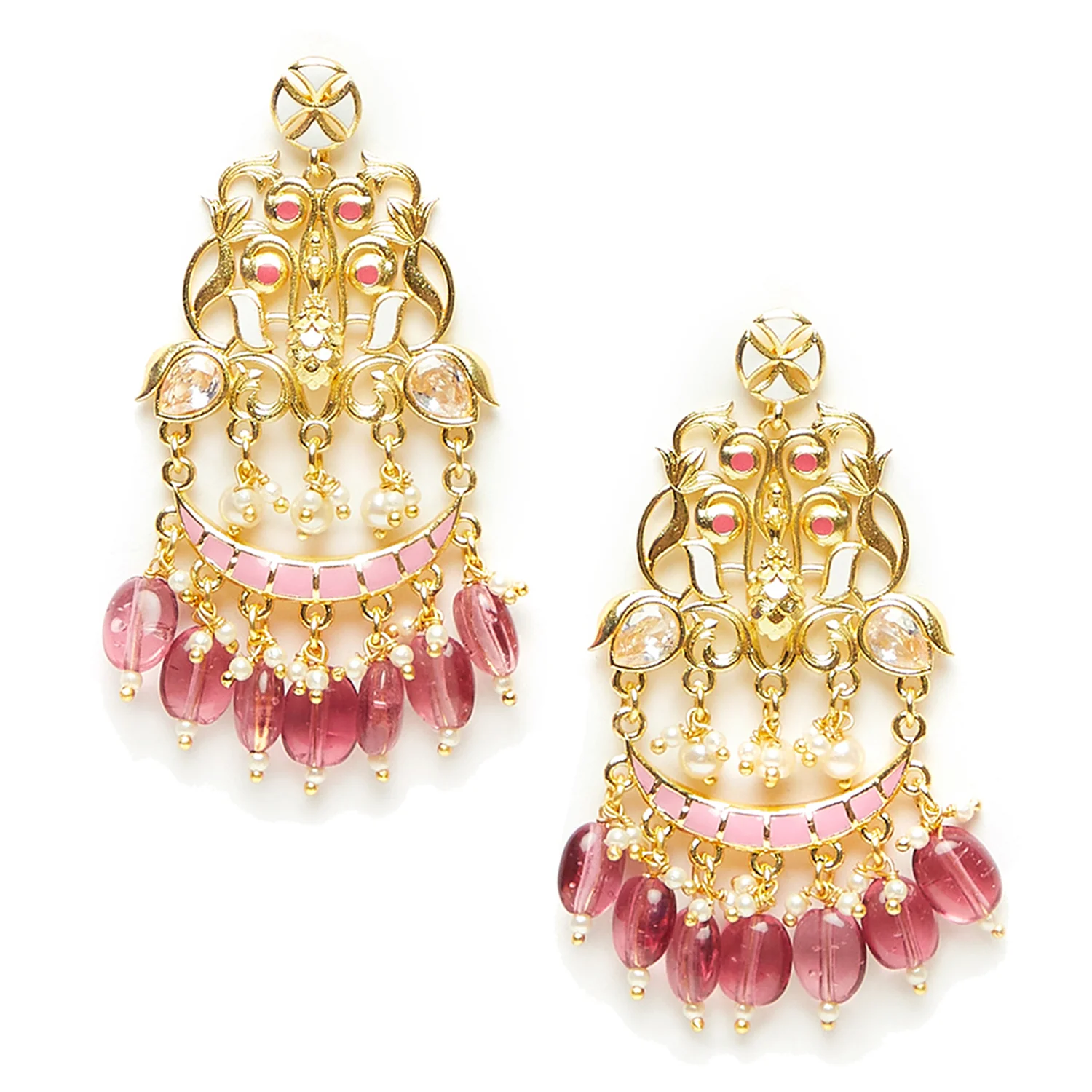 Shwet Kamal Faux Pearls and Kundan Adorned Filigree Gold Plated Drop Earrings - Image 3
